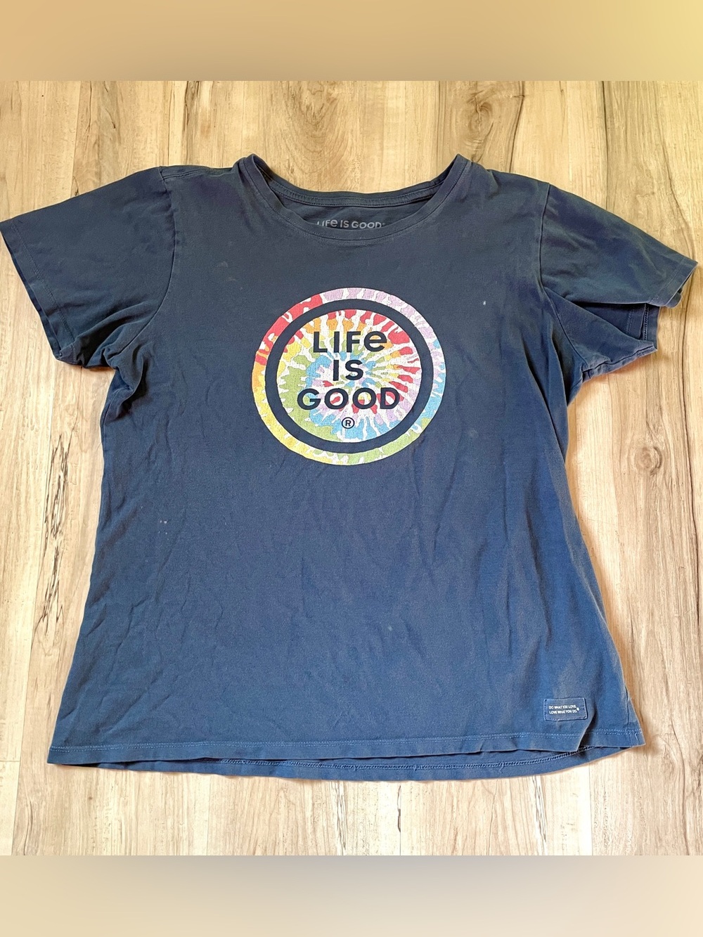 Life is Good rainbow logo Navy Tee with Tie-Dye Logo